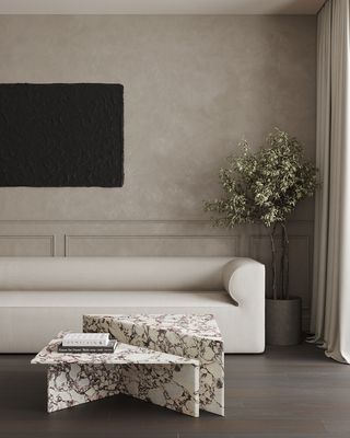 Neutral living room with Calacatta Viola marble coffee table