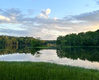 Mississippi river in Holly Springs with a bright blue and overcast sky