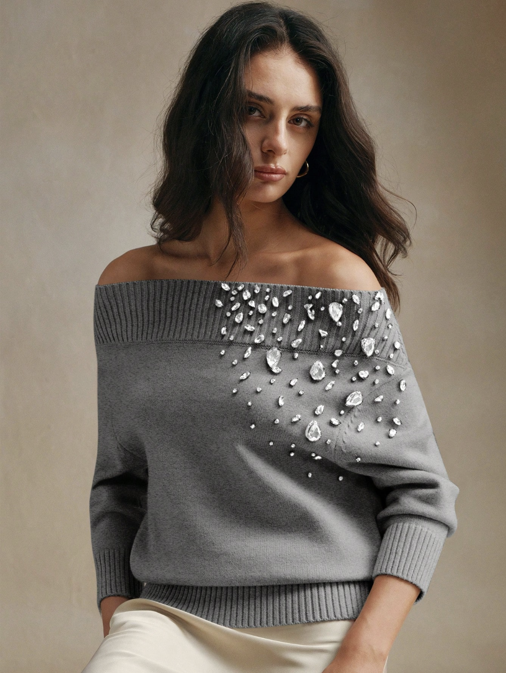 SHEIN x JWoww , Jeweled Off-Shoulder Knitted Sweater Top