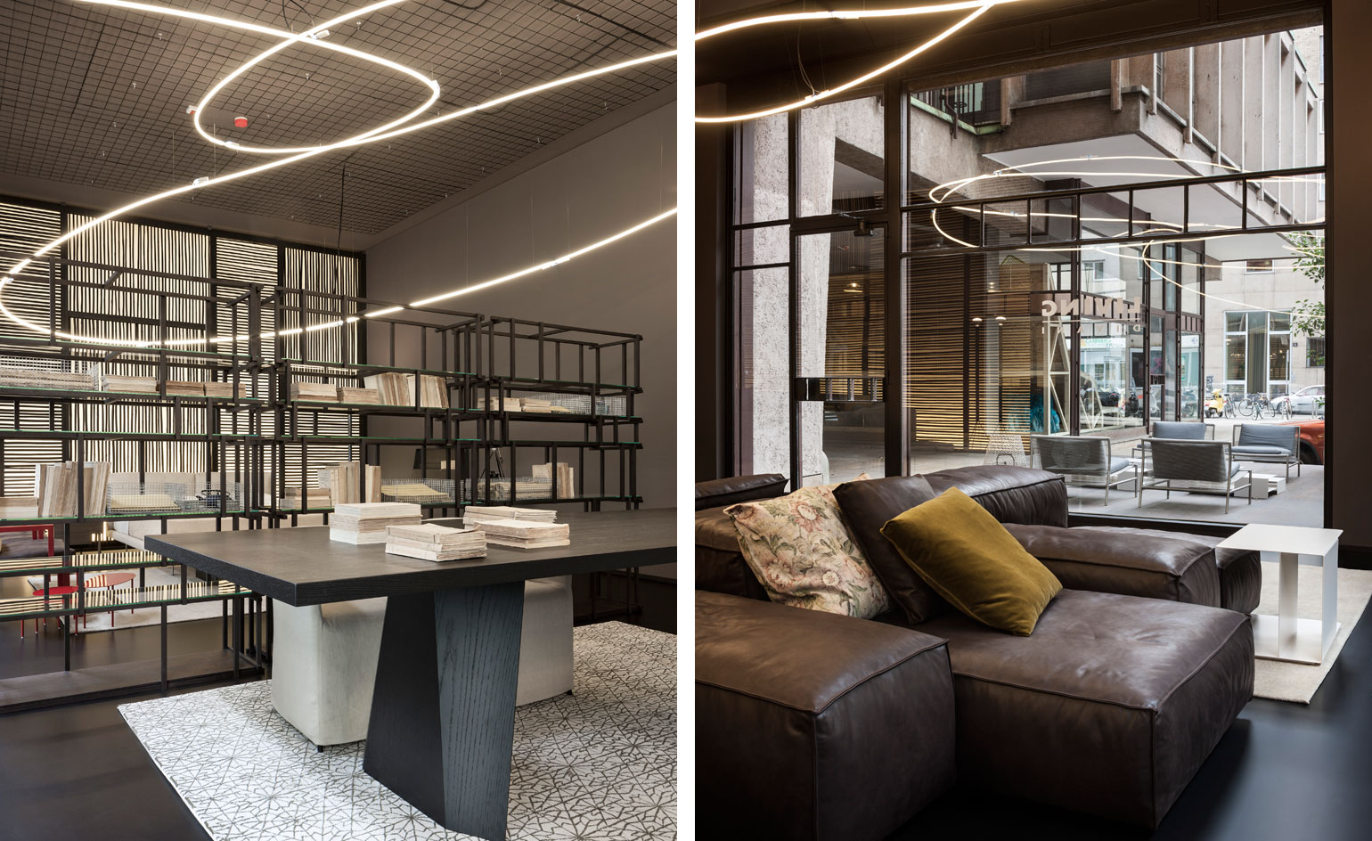 Interior design of two rooms showing curved ceiling beam lighting