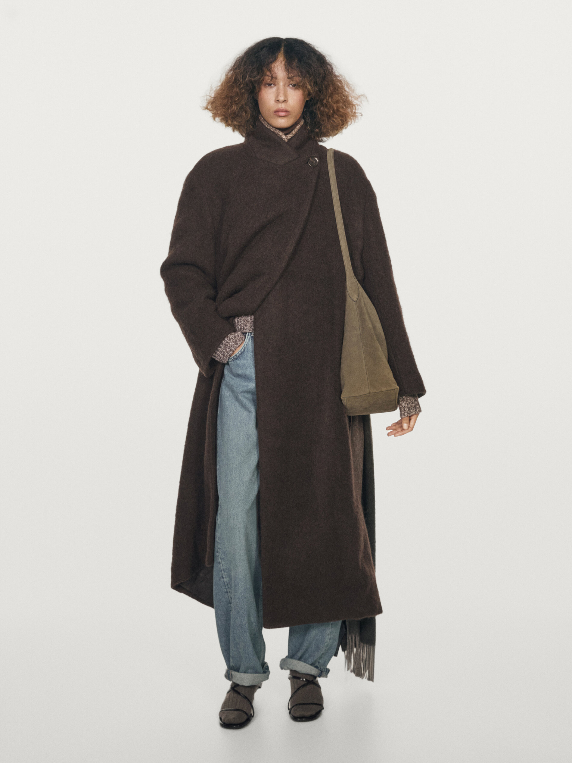 Long Double-Breasted Coat With Brushed Finish