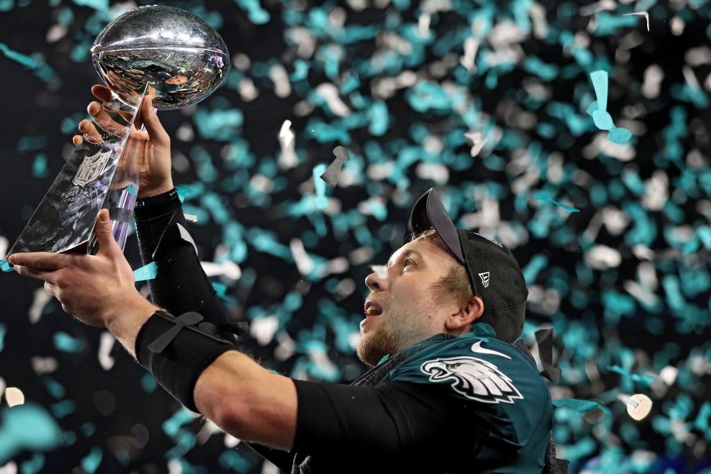 Nick Foles celebrates the Eagles&amp;#039; Super Bowl win.