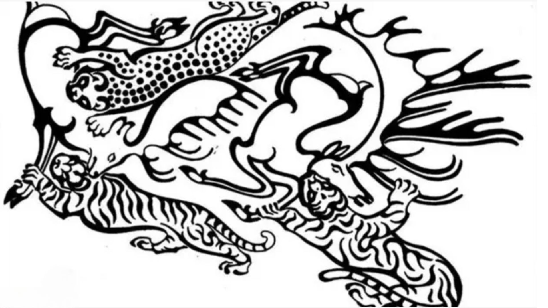an image of the ink patterns of the tattoos. There are dragons in the centre interlocking with leopards and tigers