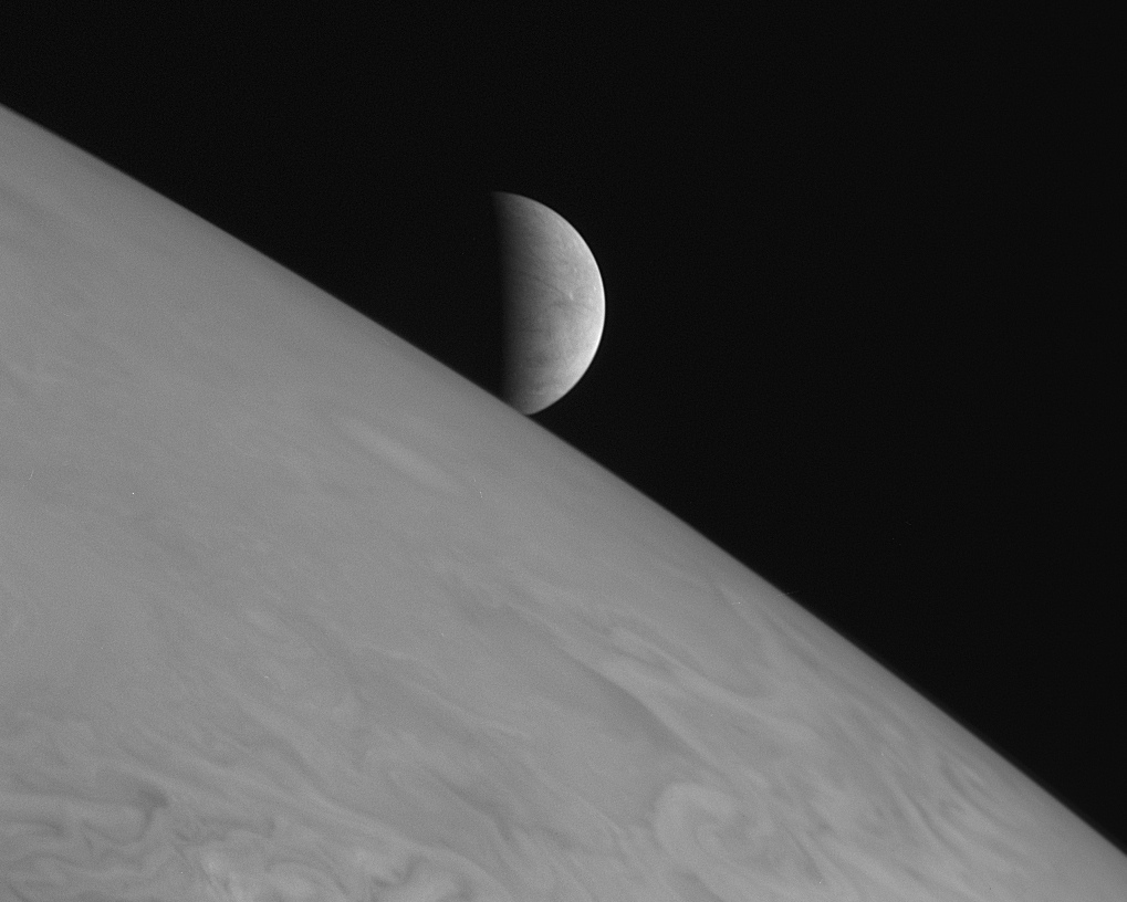 The icy moon Europa rising above Jupiter’s cloud tops. The picture was one of a handful of the Jupiter system that New Horizons took primarily for artistic, rather than scientific, value.