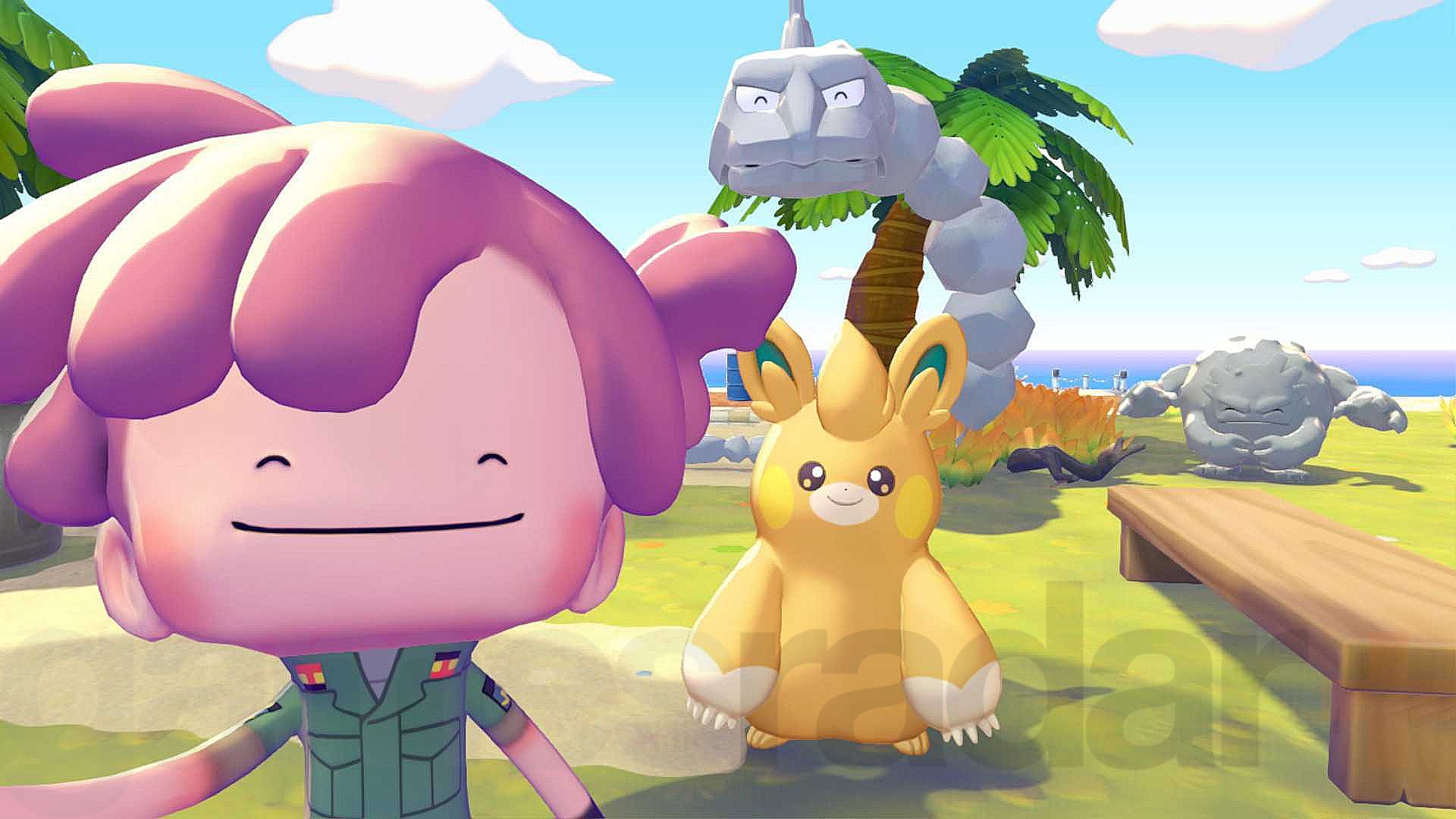 A Ditto poses for a selfie with Onix, Graveler, and Pawmo, three of the Pokopia crush Pokemon