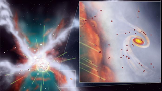 artist's illustration showing a supernova explosion being blocked by a molecular cloud