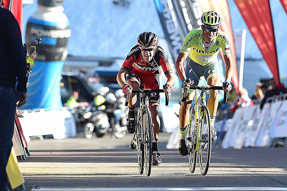 Richie Porte and Alberto Contador sprint for the line during stage 4 at Volta a Catalunya