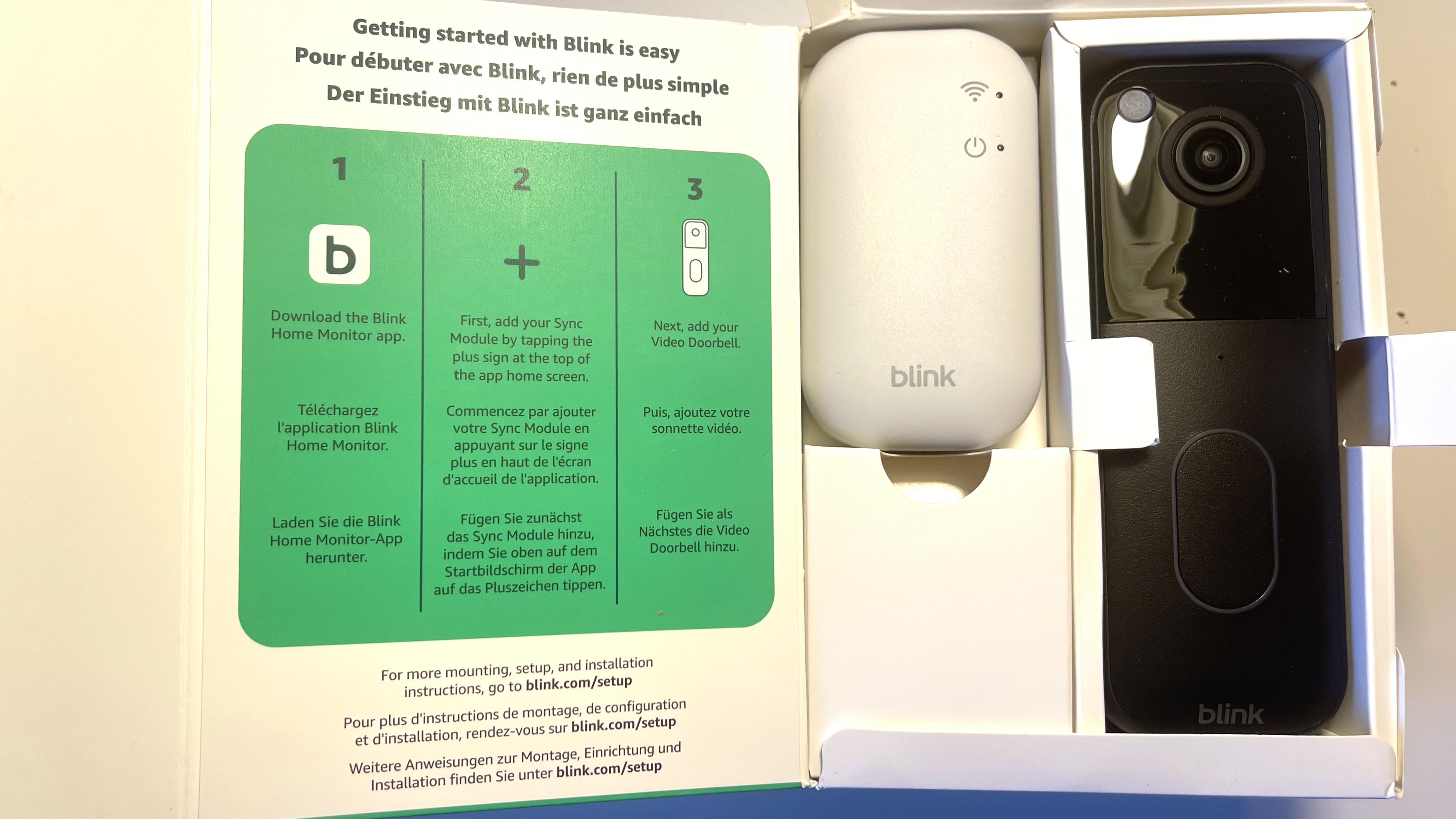 Blink Video Doorbell Gen 2 and hub in packaging