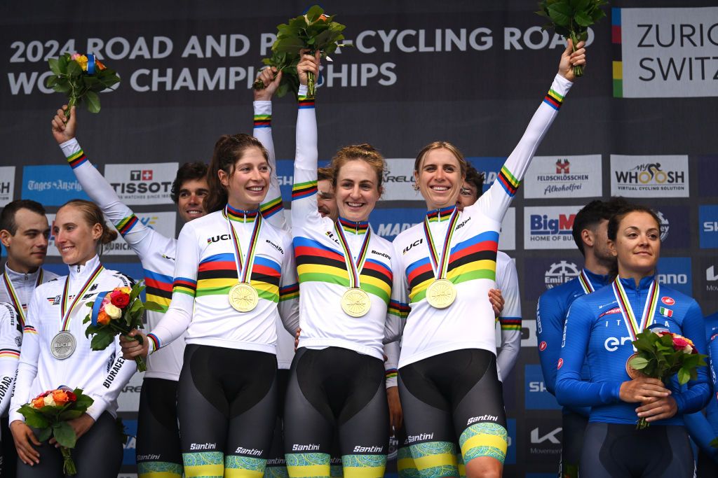 ZURICH SWITZERLAND SEPTEMBER 25 Gold medalists Michael Matthews Ben Oconnor Jay Vine Grace Brown Brodie Chapman Ruby RosemanGannon of Team Australia pose on the podium during the 97th UCI Cycling World Championships Zurich 2024 Mixed Relay Team Time Trial a 537km one day race from Zurich to Zurich on September 25 2024 in Zurich Switzerland Photo by Dario BelingheriGetty Images