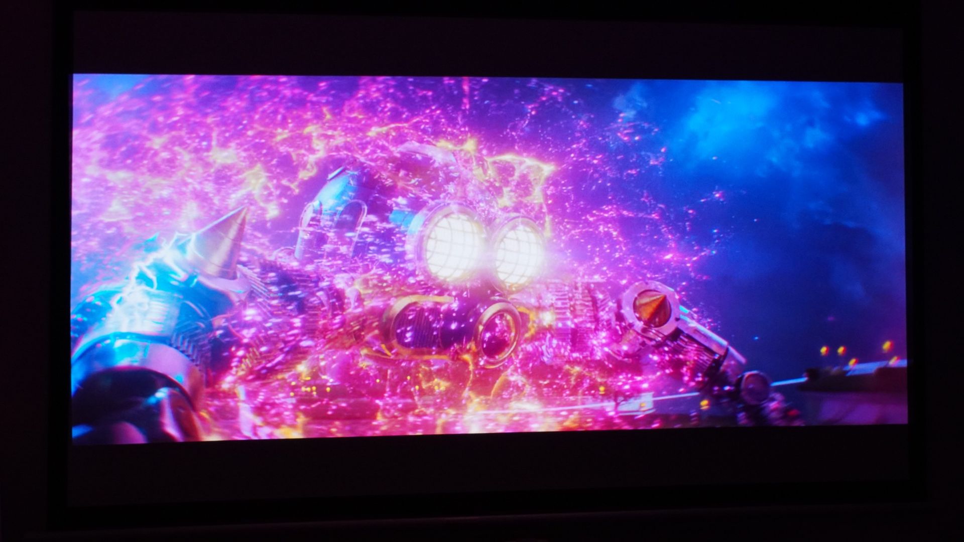 A brightly colored image projected from the Hisense XR10.