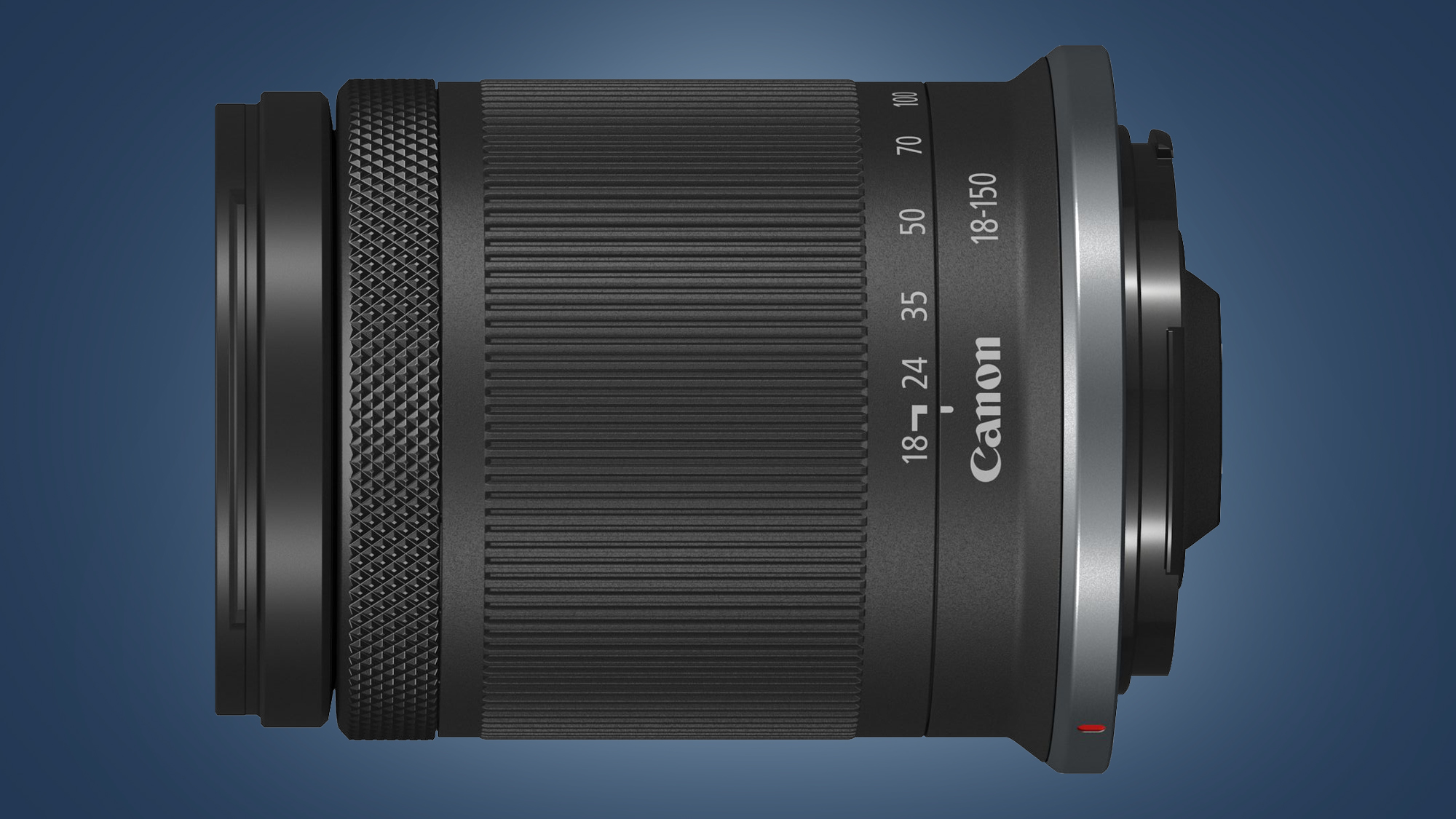 The Canon RF-S 18-150mm F3.5-6.3 IS STM lens on a blue background