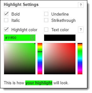 Highlight settings screenshot