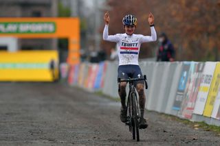 ANTWERPEN BELGIUM DECEMBER 13 Arrival Thomas Pidcock of United Kingdom Team Trinity Racing Celebration during the 43rd Superprestige Cyclocross Gavere 2020 Men Elite Superprestige2021 SPGavere SuperprestigeCX on December 13 2020 in Antwerpen Belgium Photo by Luc ClaessenGetty Images