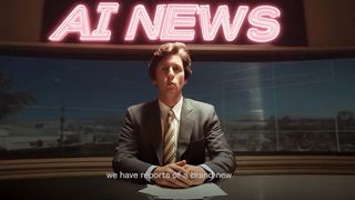 A news anchor behind a desk under a neon sign that says "AI News"