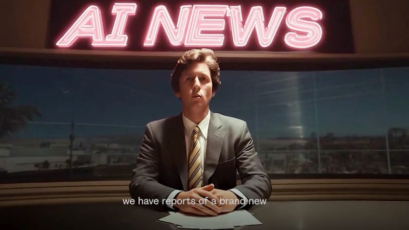 A news anchor behind a desk under a neon sign that says &quot;AI News&quot;
