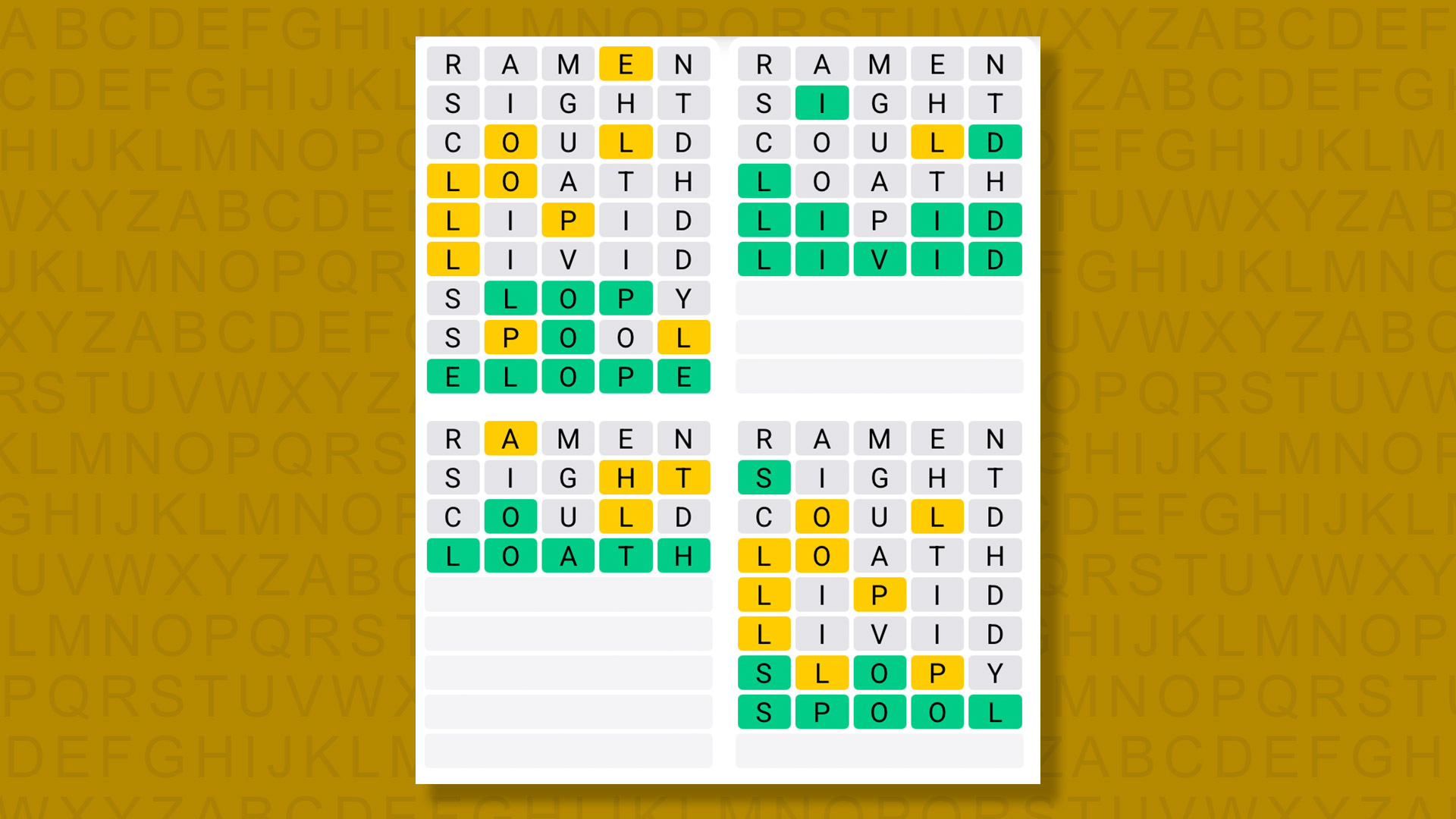 Quordle answers for game 1403 on a yellow background