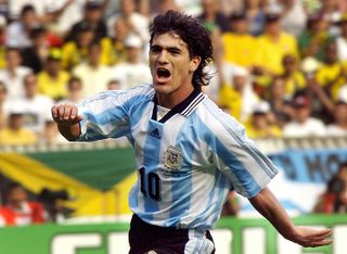 Ariel Ortega celebrates after scoring for Argentina against Jamaica at the 1998 World Cup.