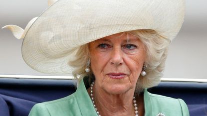 Camilla, Duchess of Cornwall travels down The Mall in a horse drawn carriage during Trooping the Colour on June 13, 2015 in London, England.