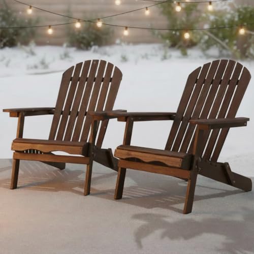 Idzo Outdoor Wooden Folding Adirondack Chair Set of 2 With Pre-Assembled Backrest, Wood Patio Chair for Garden Backyard Porch Pool Deck Firepit
