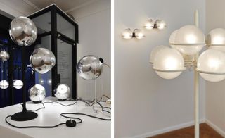 Soft spherical lights, harnessed together by lacquered-metal rings