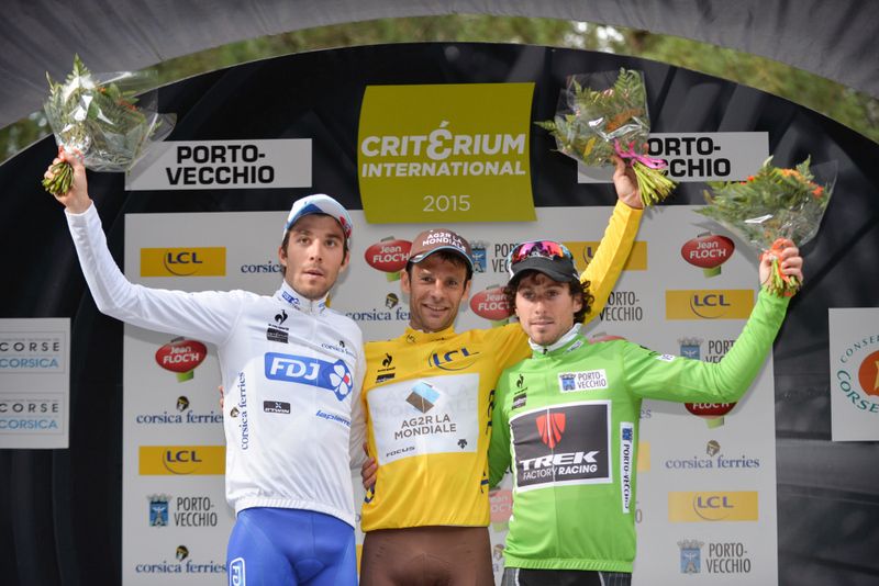 The final podium: Best young rider Thibaut Pinot (FDJ.fr), yellow jersey Jean-Christophe P&eacute;raud (Ag2r-La Mondiale) and points classification winner Fabio Felline (Trek)