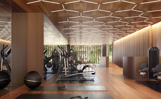 Gym facilities with feature ceiling at Fifteen Fifteen by Ole Scheeren Vancouver