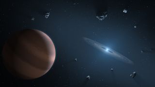 An artist's depiction of an exoplanet and a debris disk orbiting a white dwarf star.