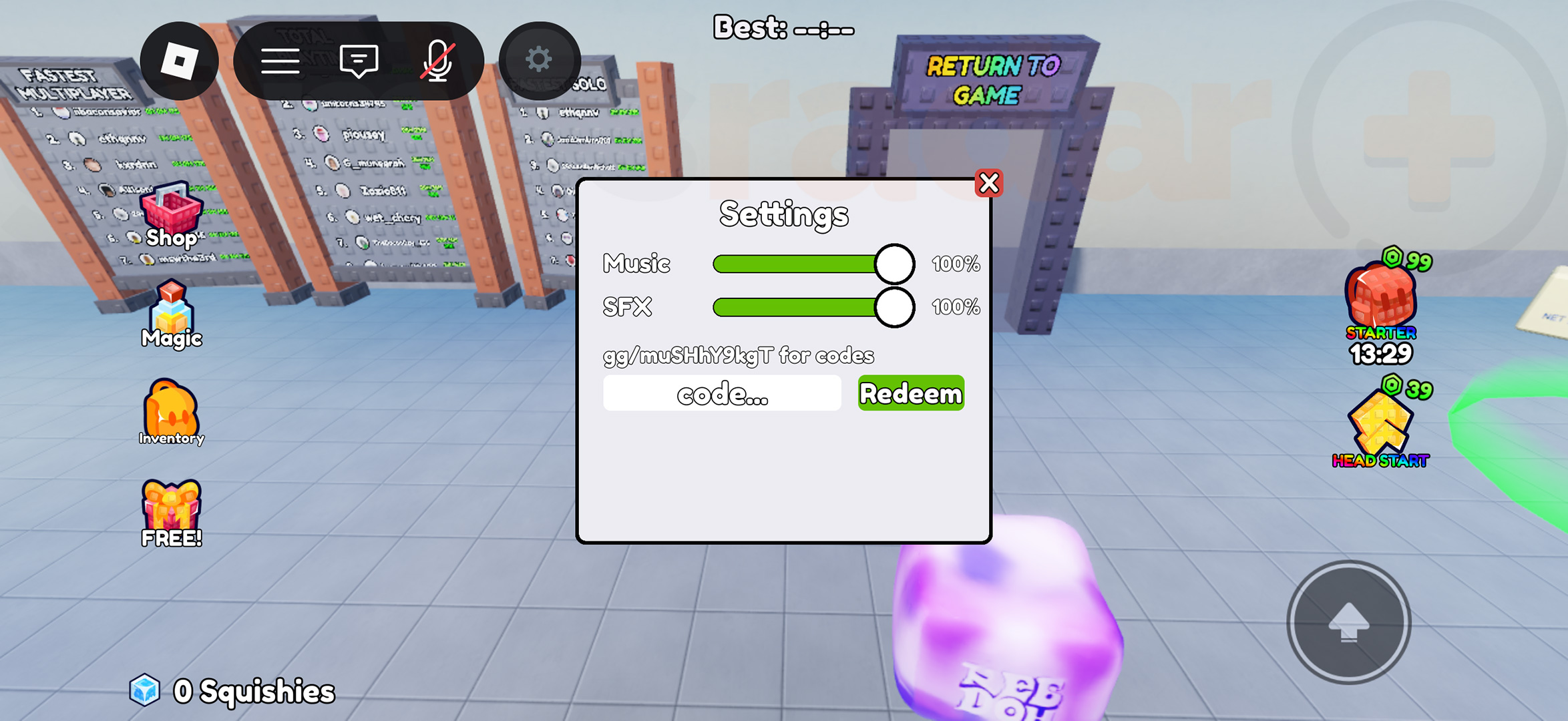 The menu screen where you can redeem Clean the Squishies codes