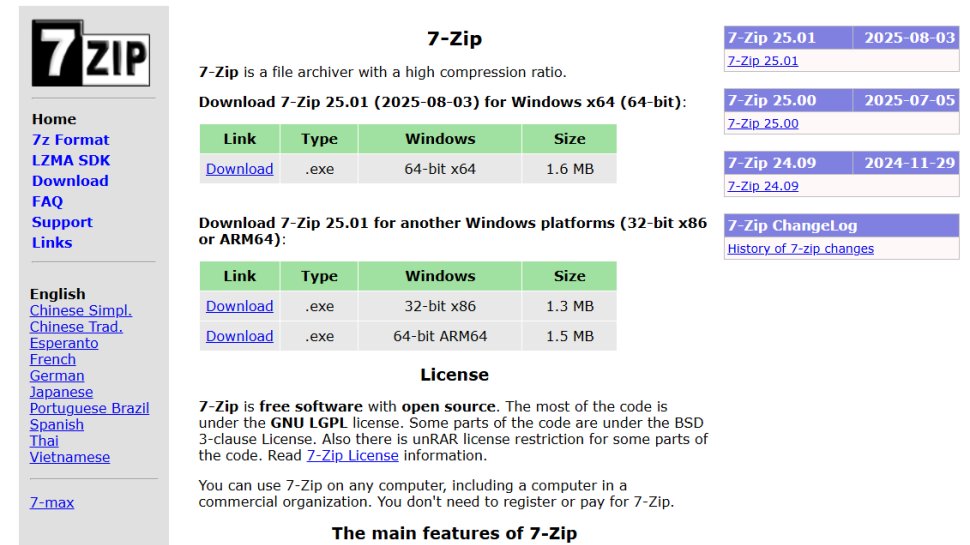 Website screenshot of 7-Zip (August, 2025)