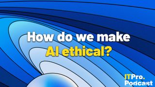 The words ‘How can we make AI ethical?’ with ‘AI ethical’ highlighted in yellow and the other words in white, against a line drawing of concentric blue circles of various shades radiating from a sphere at the bottom of the frame.