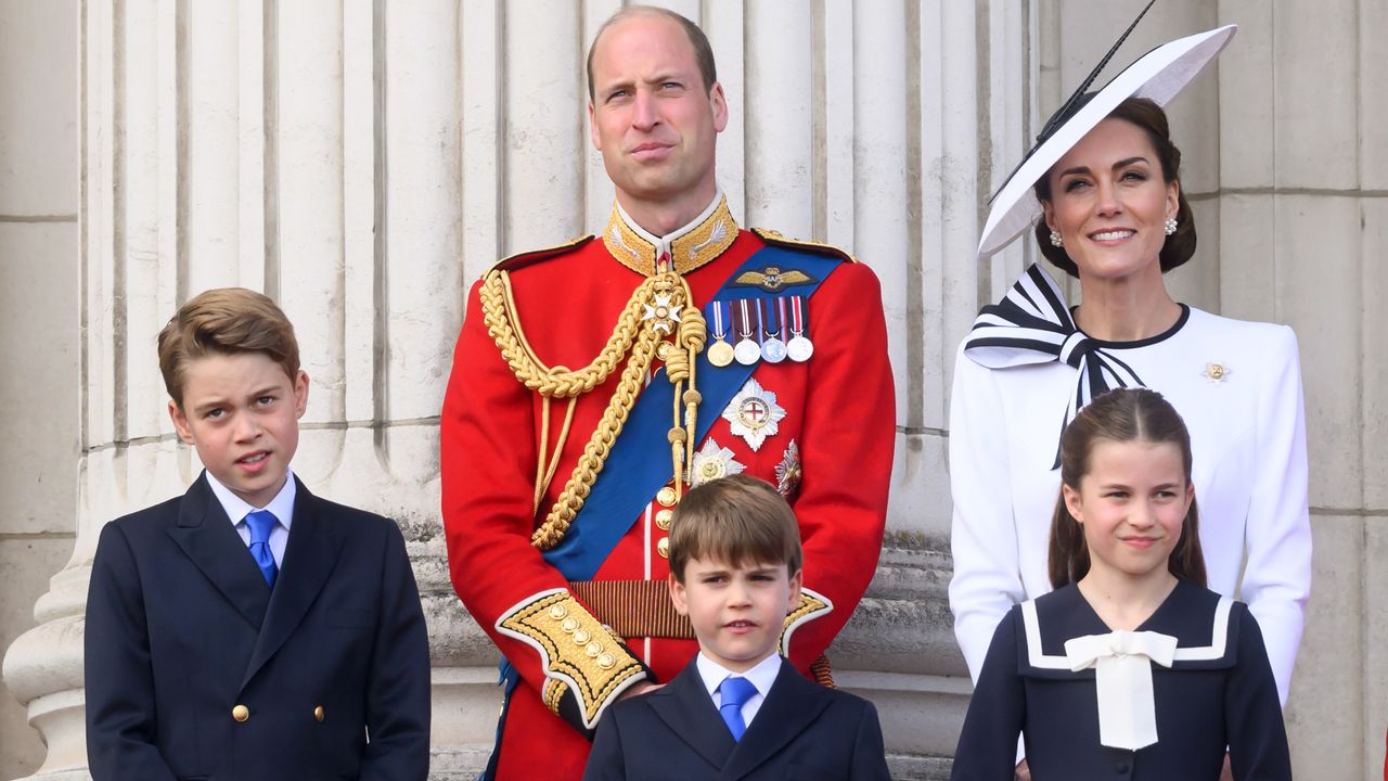 Prince George of Wales, Prince William, Prince of Wales, Prince Louis of Wales, Princess Charlotte of Wales and Catherine, Princess of Wales on the balcony of Buckingham Palace during Trooping the Colour on June 15, 2024 