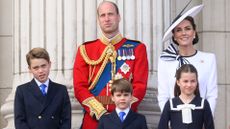 Prince George of Wales, Prince William, Prince of Wales, Prince Louis of Wales, Princess Charlotte of Wales and Catherine, Princess of Wales on the balcony of Buckingham Palace during Trooping the Colour on June 15, 2024 
