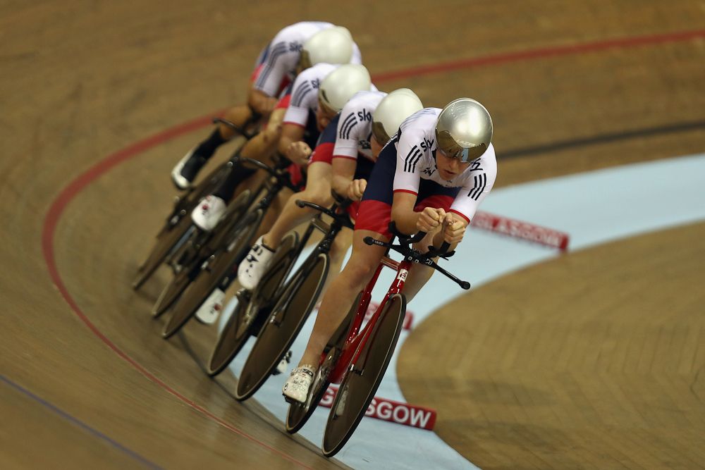 Matthew Bostock of Great Britain leads the men's pursuit team during round one of the Men's Team Pursuit
