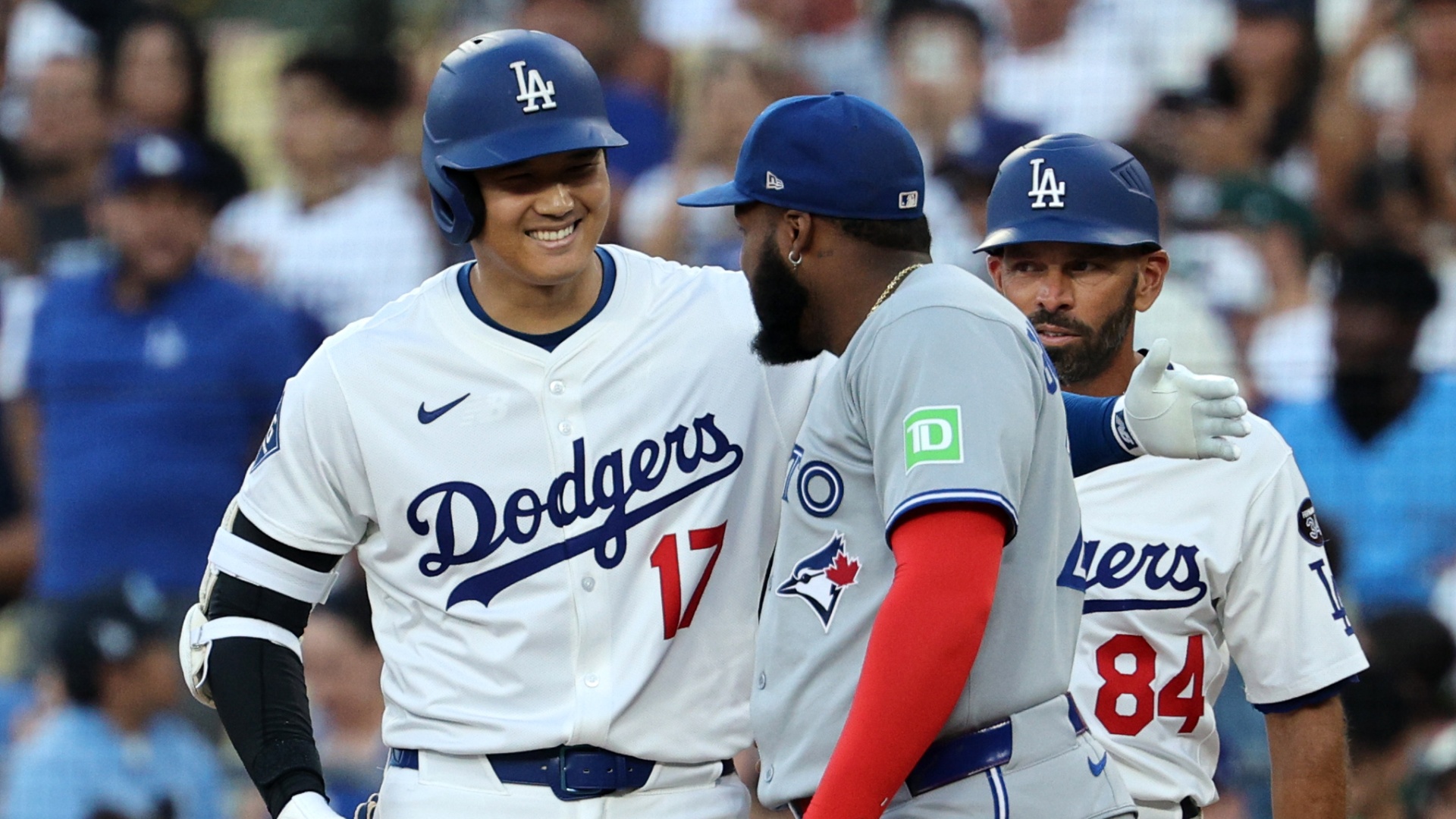 MLB World Series opponents Shohei Ohtani and Vladimir Guerrero Jr. in conversation during a recent Blue Jays vs Dodgers game