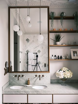 Bathroom with larger mirror and open shelves