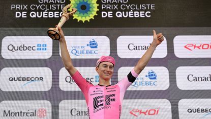 QUEBEC CITY, QUEBEC - SEPTEMBER 08: Neilson Powless of The Netherlands and Team EF Education-Easypost celebrates at podium as best climber rider during the 12th Grand Prix Cycliste de QuÃ©bec 2023 a 201.6km one day race from Quebec to Quebec 92m / #UCIWT / on September 08, 2023 in Quebec City, Quebec. (Photo by Dario Belingheri/Getty Images)