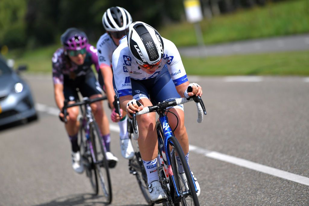 HARDENBERG NETHERLANDS AUGUST 25 LR Alison Jackson of Canada and Team Liv Racing Nina Buysman of Netherlands and Team Parkhotel Valkenburg and Malle Grossetete of France and Team FDJ Nouvelle Aquitaine Futuroscope in the Breakaway during the 23rd Simac Ladies Tour 2021 Stage 1 a 1344km stage from Zwolle to Hardenberg SLT2021 UCIWWT on August 25 2021 in Hardenberg Netherlands Photo by Luc ClaessenGetty Images