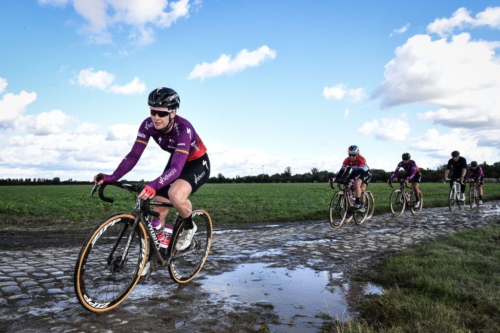 Belgian Jolien DHoore of Team SD Worx pictured in action during preparations ahead of the 118th edition of the ParisRoubaix one day cycling race from Compiegne near Paris to Roubaix Wednesday 29 September 2021 Due to the ongoing corona virus pandemic the 2020 edition was cancelled and the 2021 edition was postponed from spring to autumn For the first time there will be a womens race ParisRoubaix as well BELGA PHOTO DAVID STOCKMAN Photo by DAVID STOCKMANBELGA MAGAFP via Getty Images