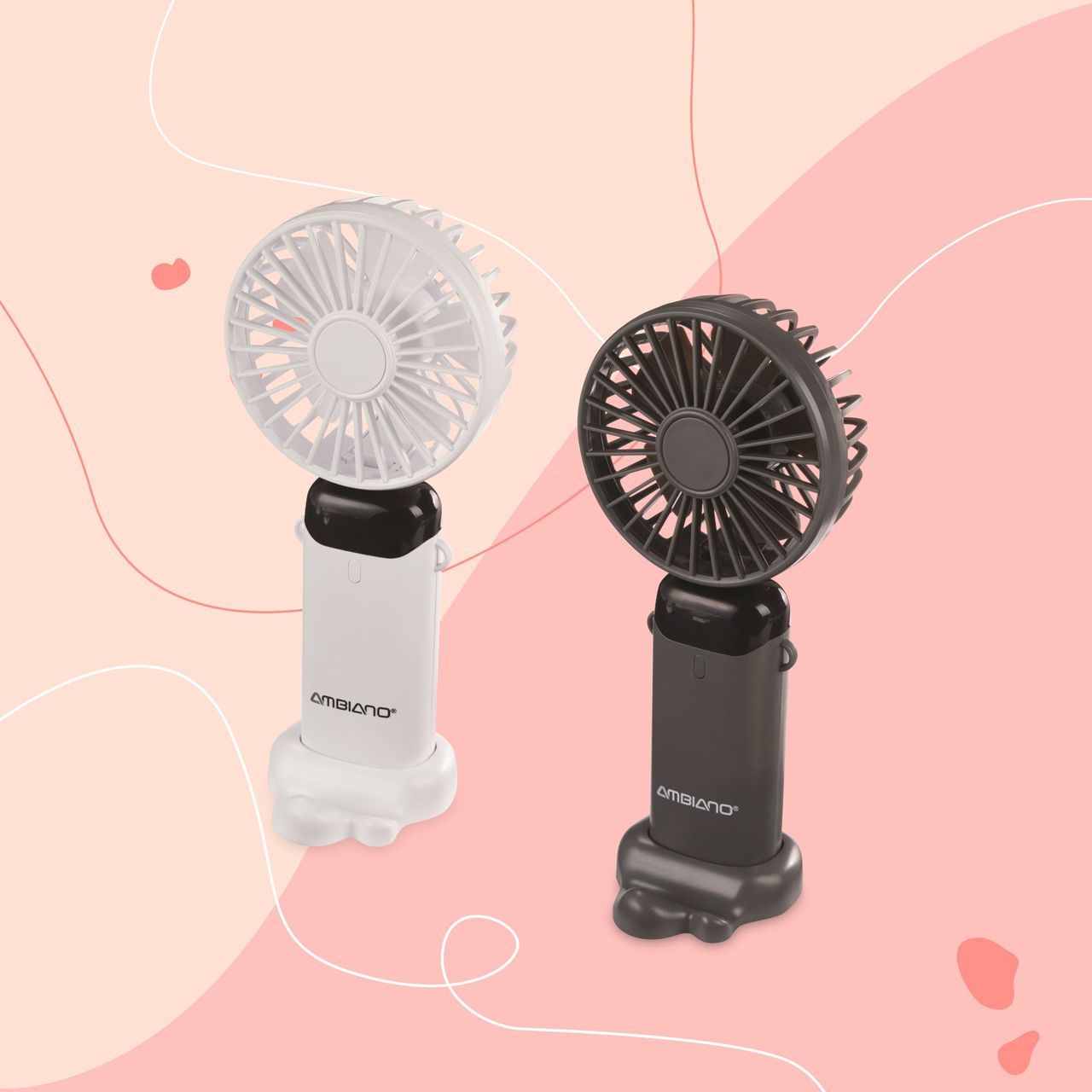 Aldi handheld fan in black and white colourways on pink background