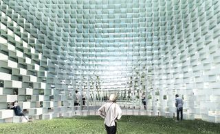 Rendering of a Serpentine Pavilion design with white hollow blocks and a grass floor
