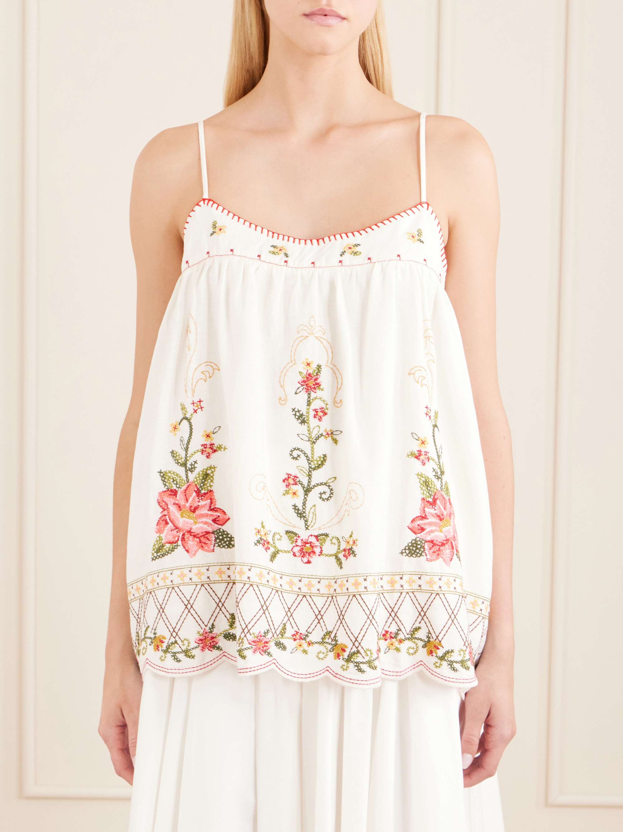Floral-Embroidered Linen-Blend Cami