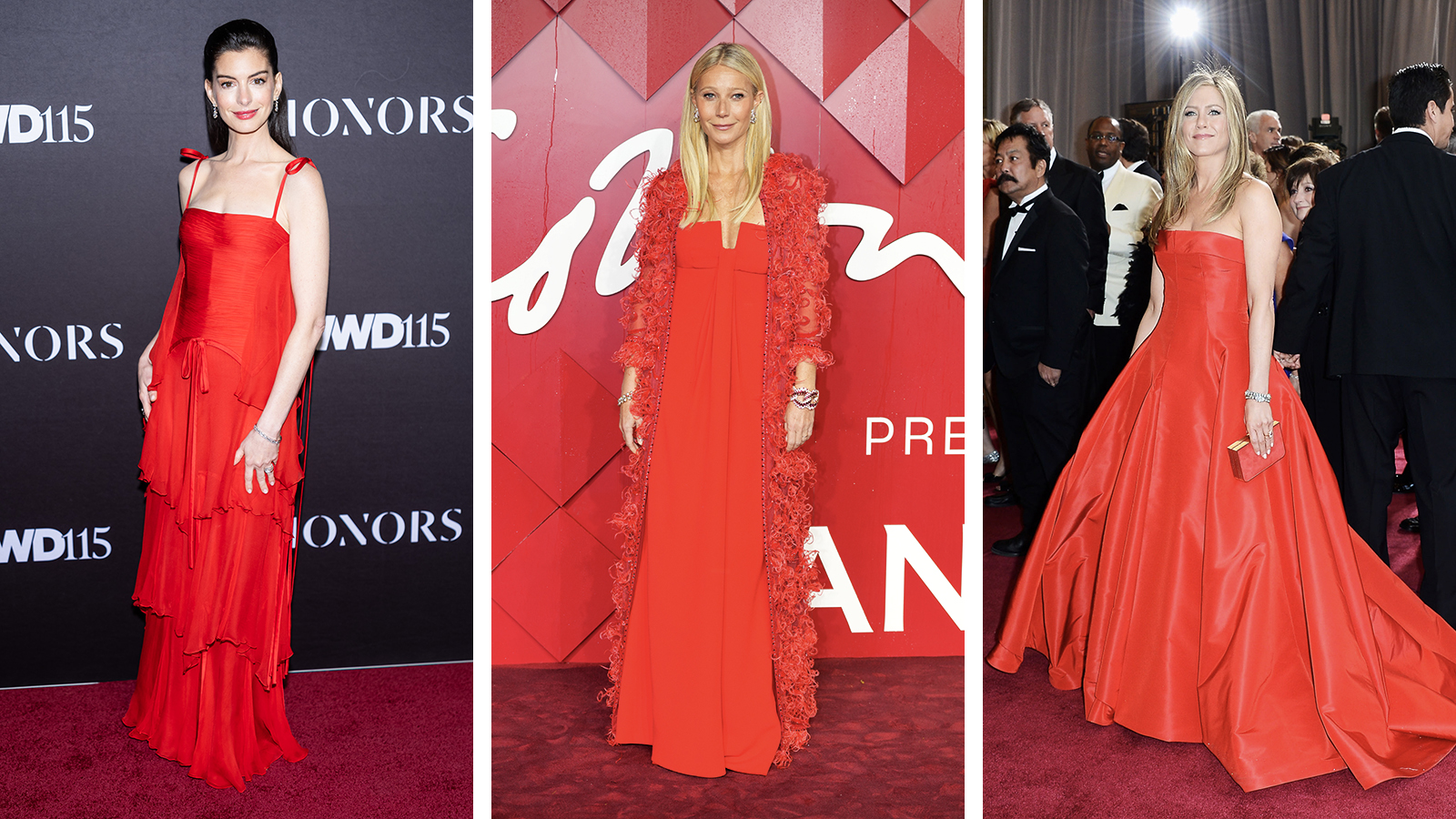 Anne Hathaway, Gwyneth Paltrow and Jennifer Aniston wearing red Valentino gowns