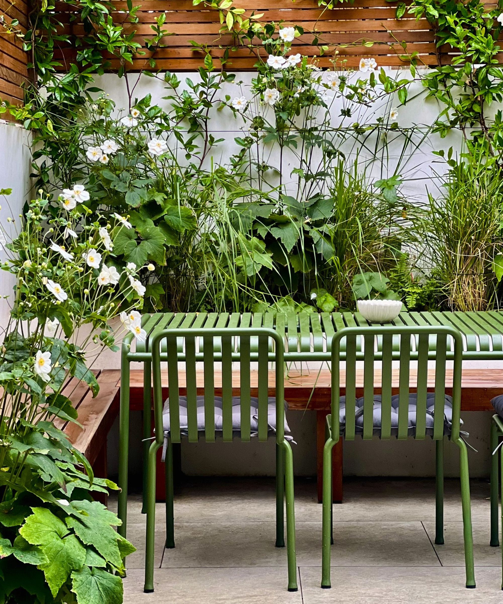 Green outdoor dining furniture in a small terrace with plants growing up the walls