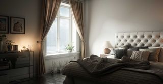 bedroom with curtains and low level lamp