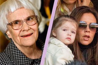 Harper Lee author of To Kill A Mockingbird split layout with Victoria Beckham and daughter Harper