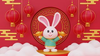 Chinese zodiac 2023: Chinese new year banner, 3D cute rabbit holding gold with festive lanterns hanging on red background, Chinese Festivals, Lunar, CYN 2023, Year of the Rabbit, 3d rendering.