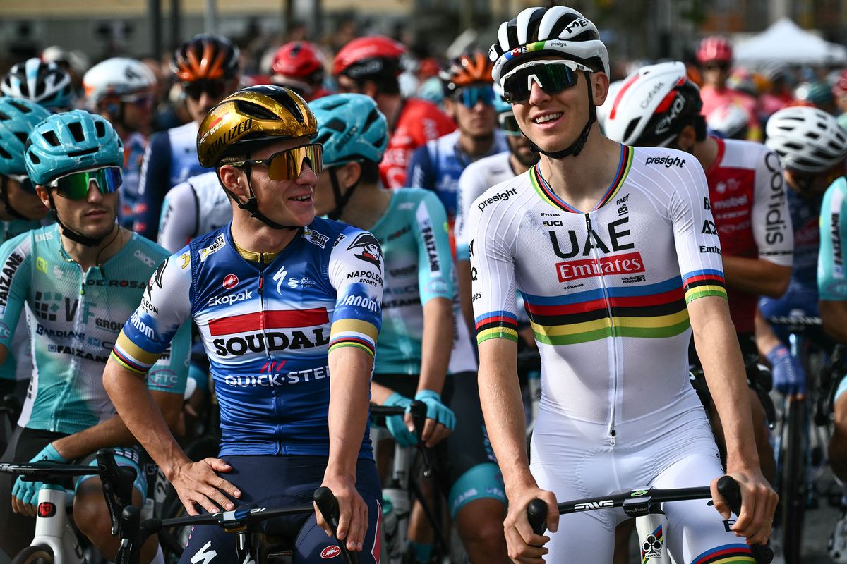 Evenepoel and Pogačar exchange some friendly words pre-race in Bergamo
