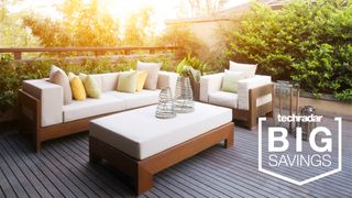 Labor Day furniture sales header with outdoor sofa and chair on wooden decking