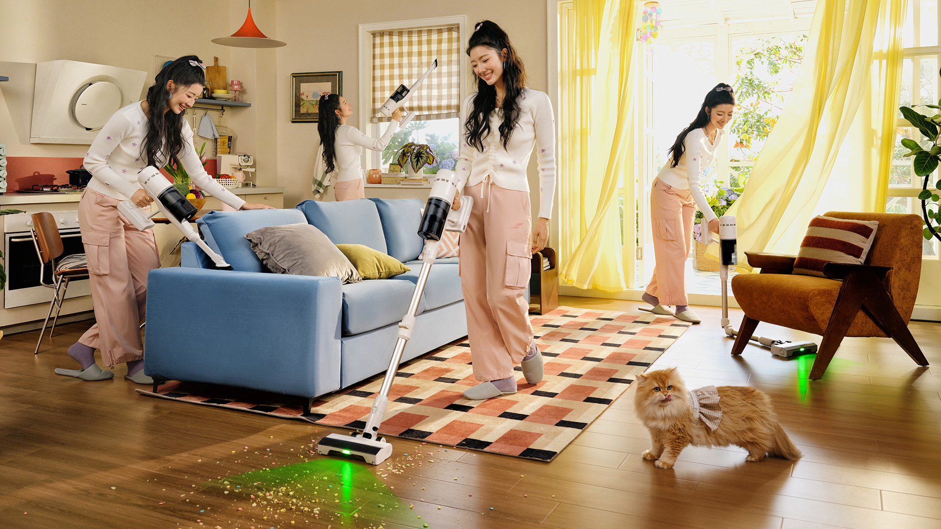 Multiple versions of the same woman cleaning with the Roborock H60 vacuum