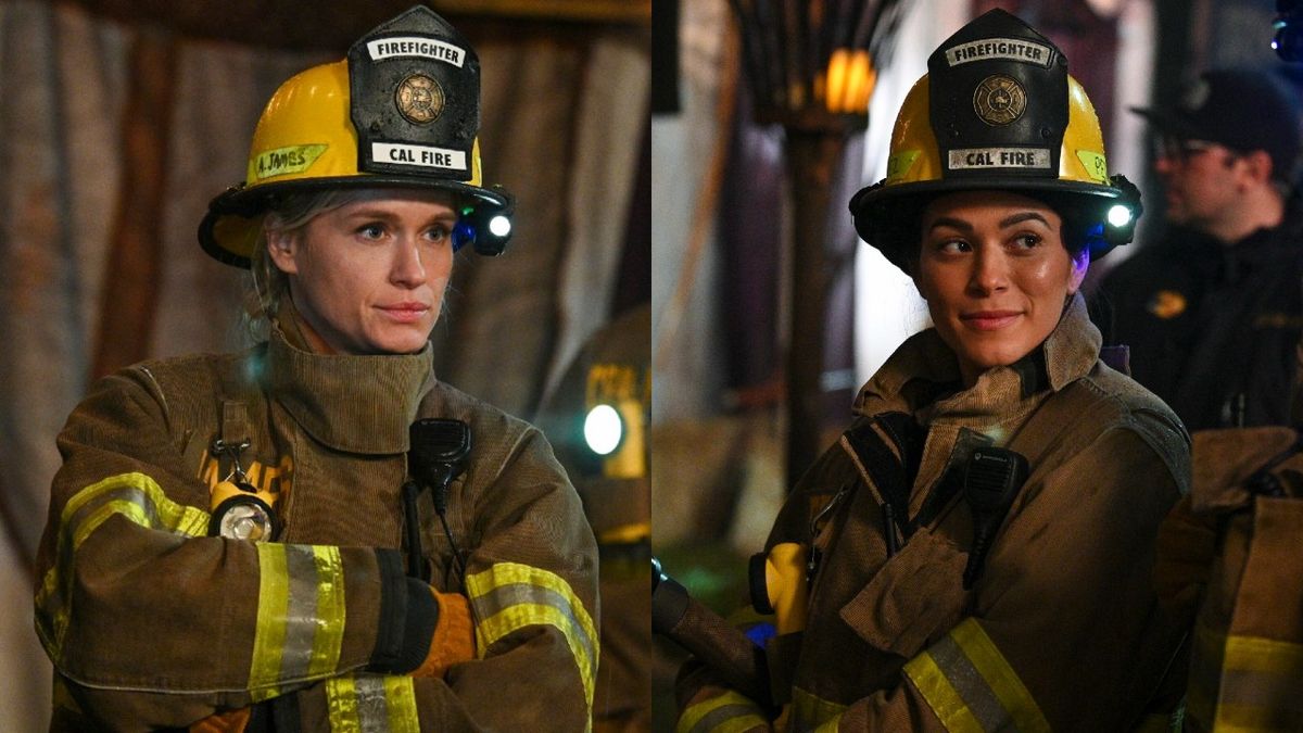 Side-by-side, from left to right, of Leven Rambin as Audrey and Stephanie Arcila as Gabriela, they&#039;re both in full fire gear. 